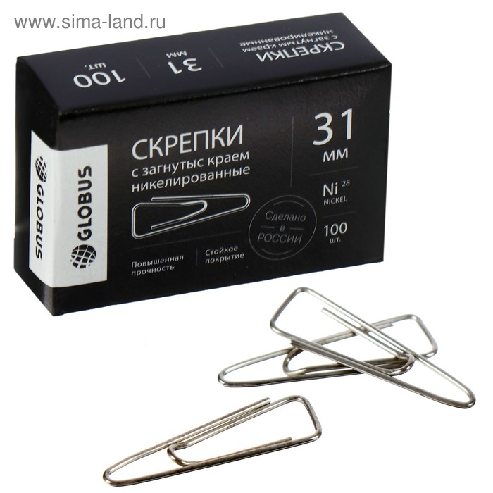 Скрепки канцелярские GLOBUS, 100 шт., 31 мм, никелированные, с загнутым краем
Скрепки канцелярские GLOBUS, 100 шт., 31 мм, никелированные, с загнутым краем