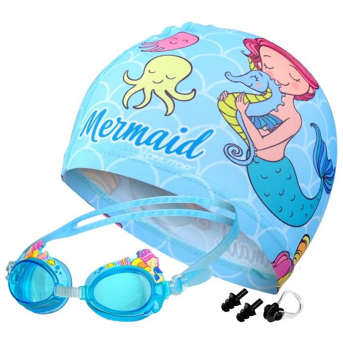 фото Набор для плавания детский onlytop «русалка»: шапочка, очки, беруши, зажим для носа