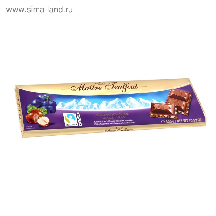 Молочный шоколад Maitre Truffout с изюмом и дроблёным фундуком, 300 г
Молочный шоколад Maitre Truffout с изюмом и дроблёным фундуком, 300 г