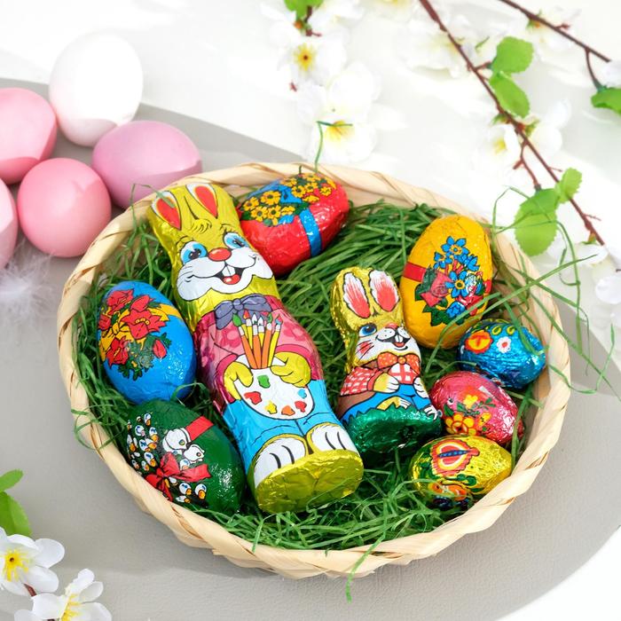 фото Корзина only, с шоколадными пасхальными кроликами и яйцами, 200 г