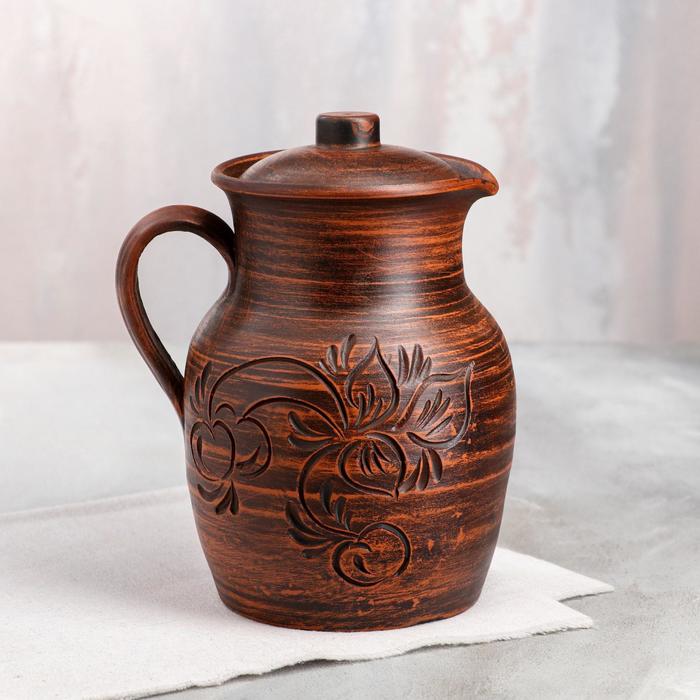 Кувшин с крышкой "Гончарный", декор, с крышкой, красная глина, 1.5 л, микс