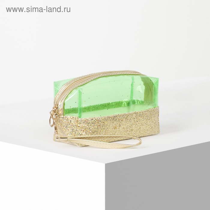Косметичка ПВХ, отдел на молнии, с ручкой, цвет золото/зелёный 
Косметичка ПВХ, отдел на молнии, с ручкой, цвет золото/зелёный