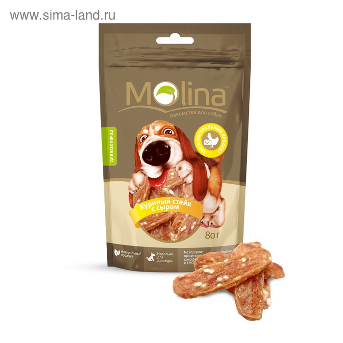 Лакомство Molina для собак, куриный стейк с сыром, 80 г
Лакомство Molina для собак, куриный стейк с сыром, 80 г