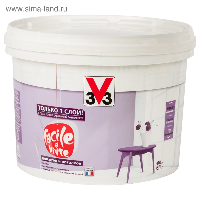 Краска для стен и потолка Facile A Vivre глубокоматовая, База А, 6л
Краска для стен и потолка Facile A Vivre глубокоматовая, База А, 6л