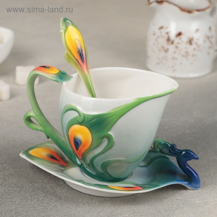 фото Чайная пара «ботаника. павлин», чашка 200 мл, блюдце 15 см, ложка