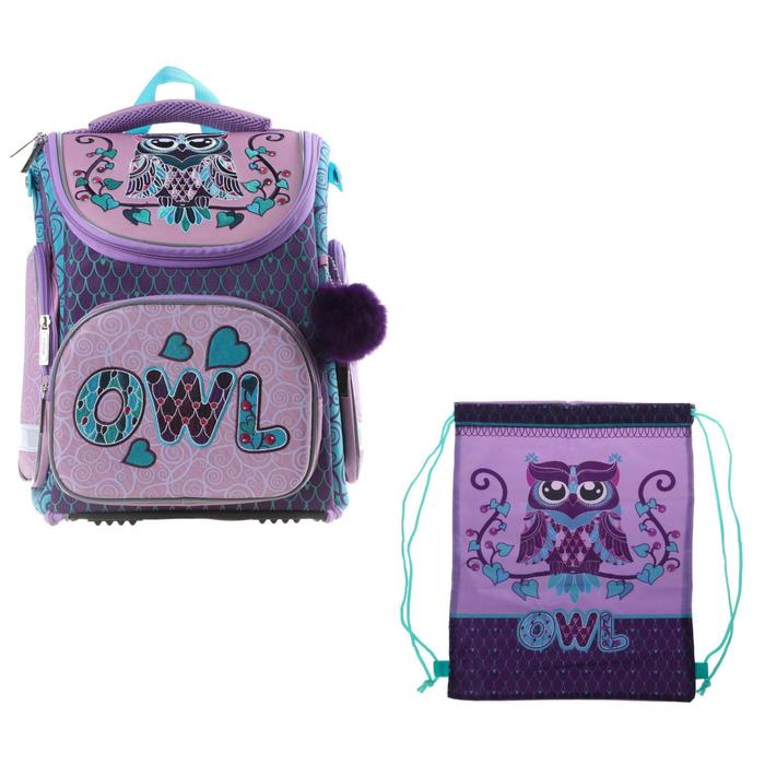фото Ранец стандарт раскладной hatber compactplus 37 х 30 х 17 + мешок, для девочки owl, сиреневый