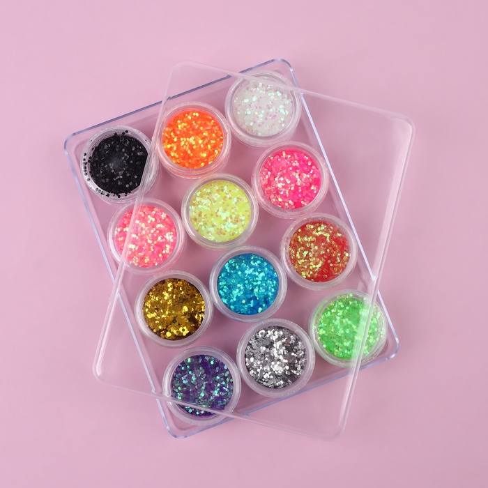 фото Блёстки для декора, крупные, набор 12 баночек, в пластиковом органайзере, разноцветные queen fair