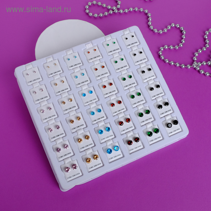 фото Пусеты в коробочке 36 пар "шарик" кристаллики, разноцветные в серебре