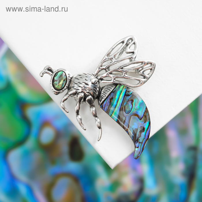 Брошь "Галиотис" пчёлка профиль, цвет зелёный в серебре