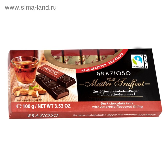 Батончики Maître Truffout Grazioso из тёмного шоколада с начинкой амаретто, 100 г
Батончики Maître Truffout Grazioso из тёмного шоколада с начинкой амаретто, 100 г