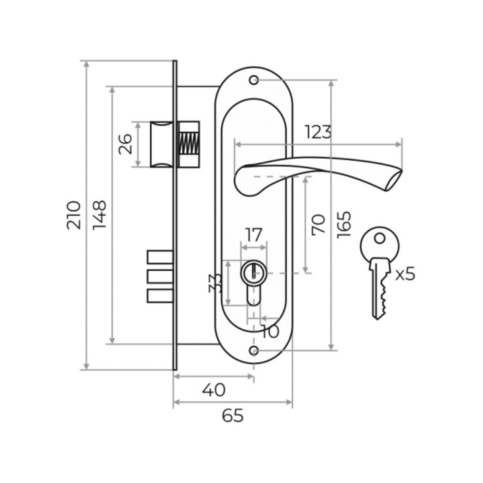 фото Замок врезной marlok 70/l76 3rb, 3 ригеля, межосевое 70 мм, цвет никель
