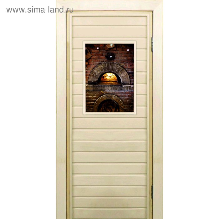 фото Дверь для бани со стеклом (40*60), "печь", 170×70см, коробка из осины добропаровъ