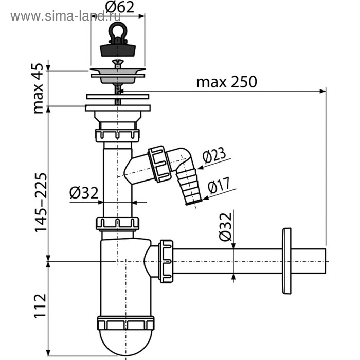 фото Сифон для раковины alcaplast a410p, dn=32 мм, со штуцером и решеткой из нерж стали dn 63 мм 507500