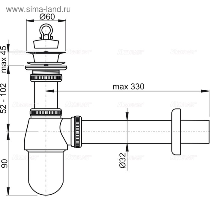 фото Сифон для раковины alcaplast a437, dn=32 мм, с донным клапаном 5/4", металл, хром