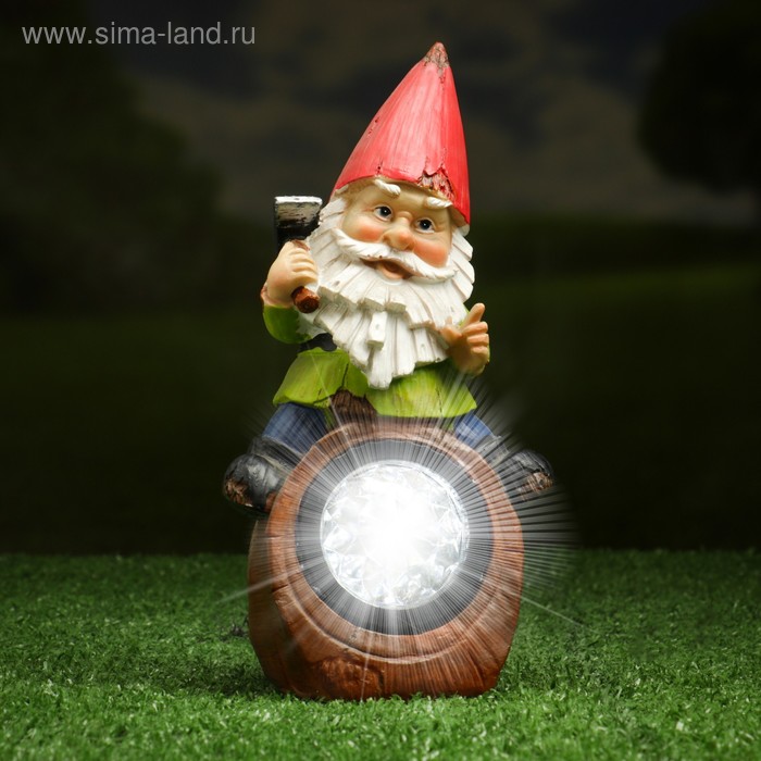 фото Садовый светильник "гном на бревне" на солнечной батарее, 20,4 см хорошие сувениры