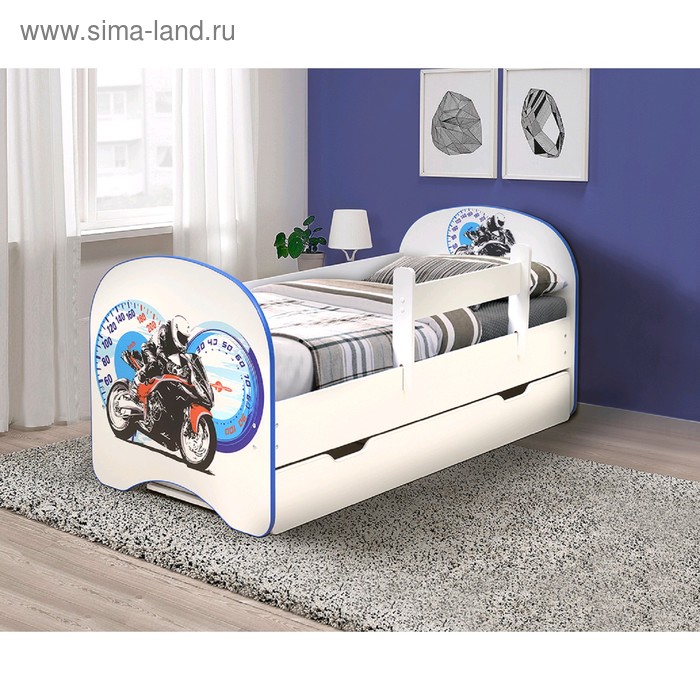 фото Кровать детская с фотопечатью «байк», 1400 × 700 мм, с 1-м ящиком и бортиком, цвет белый матрица