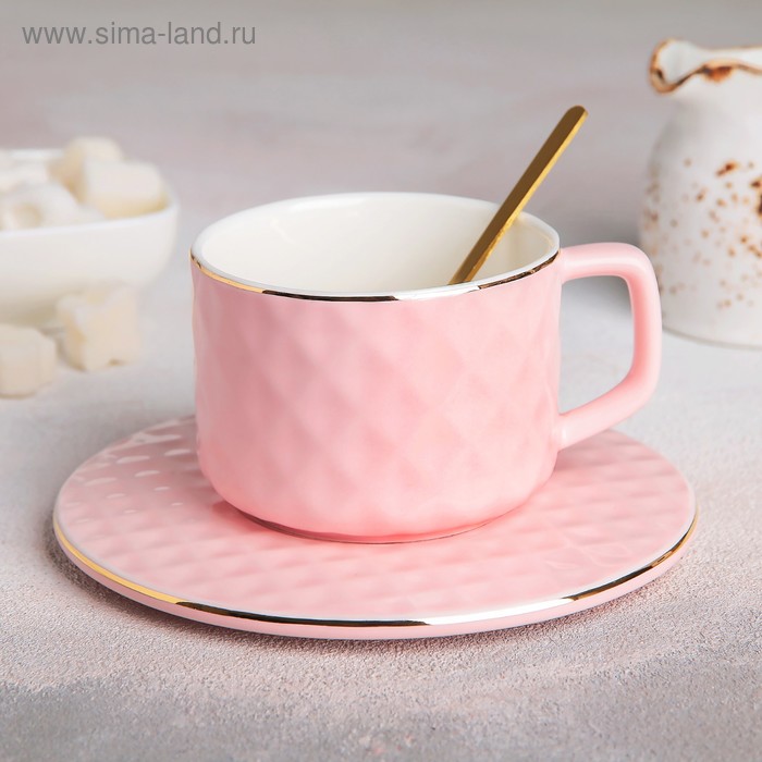 фото Чайная пара «понита», чашка 250 мл, блюдце 15×0,7 см, ложка, цвет розовый