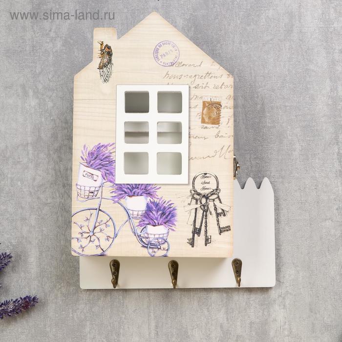 фото Ключница дерево "велосипед с лавандой у дома" 30х22х6 см