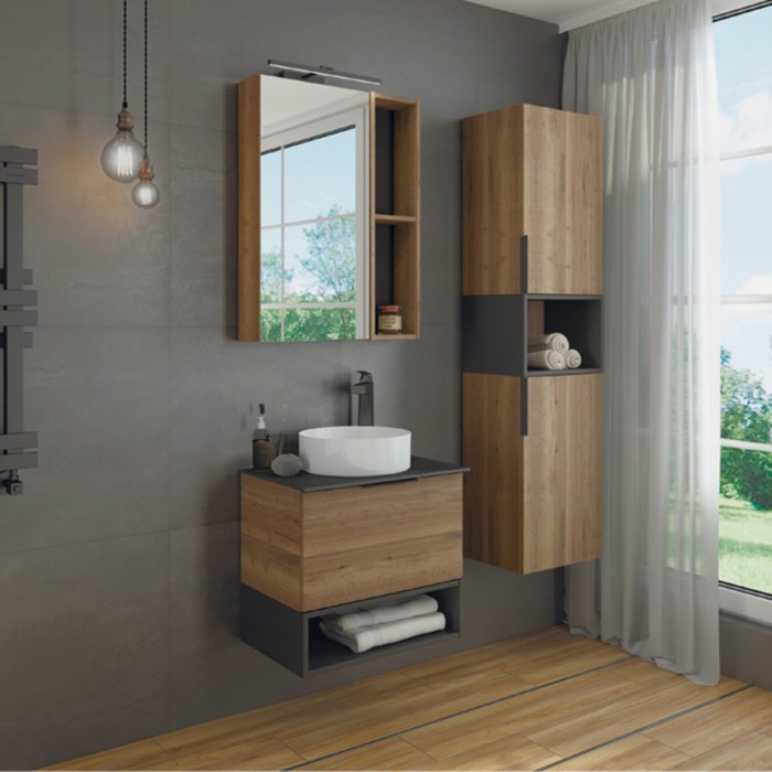 фото Тумба-умывальник «штутгарт-60», дуб тёмно-коричневый, с чёрной столешницей, с раковиной 9111 comforty