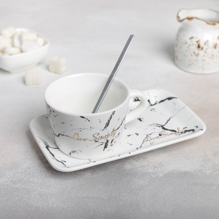 фото Чайная пара «мрамор», чашка 250 мл, блюдце, ложка, цвет белый