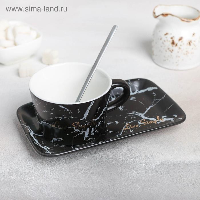 фото Чайная пара «мрамор», чашка 250 мл, блюдце, ложка, цвет чёрный