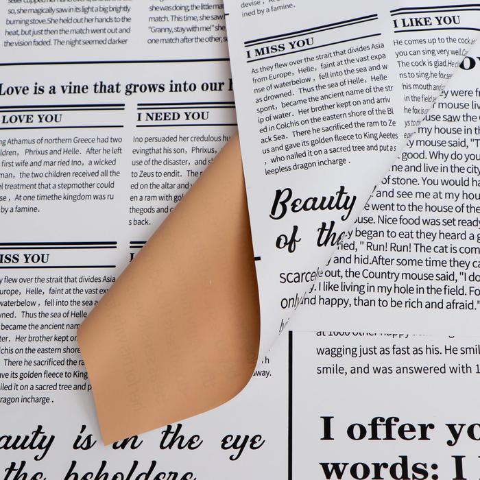 Плёнка матовая двухсторонняя "Газета" абрикосовый, 0,58 х 0,58 м
Плёнка матовая двухсторонняя "Газета" абрикосовый, 0,58 х 0,58 м