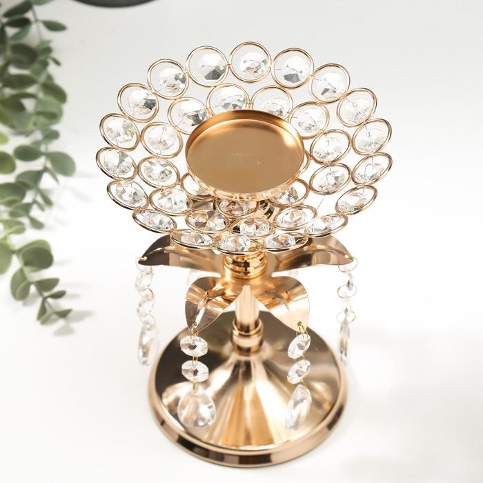 фото Подсвечник металл, стекло на 1 свечу "хрустальные подвески" золото 19,5х14,8х14,8 см