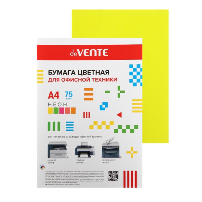 Бумага цветная А4, 50 листов, deVENTE, 75 г/м², неоновый желтый, в пакете
Бумага цветная А4, 50 листов, deVENTE, 75 г/м², неоновый желтый, в пакете