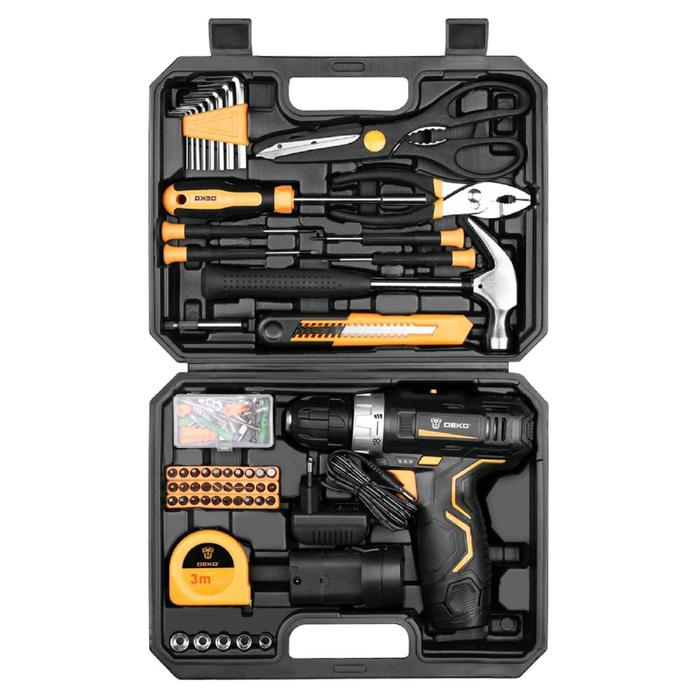 Дрель-шуруповерт DEKO GCD12DU3 и набор инструментов DEKO, 12 В, 2х1.5 Ah, 104 предмета 
Дрель-шуруповерт DEKO GCD12DU3 и набор инструментов DEKO, 12 В, 2х1.5 Ah, 104 предмета