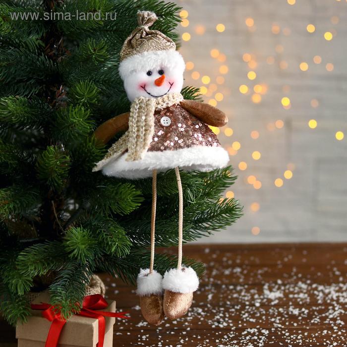 фото Мягкая подвеска "снеговик в пайетках-длинные ножки" 13х30 см, коричневый зимнее волшебство