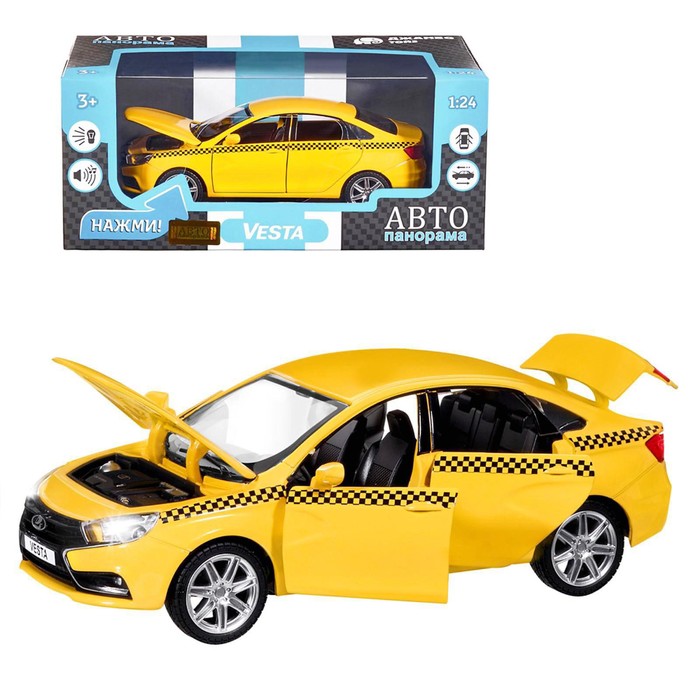 фото Машина металл «lada такси» 1:24, инерция, цвет жёлтый, открываются двери, капот и багажник, световые и звуковые эффекты автопанорама