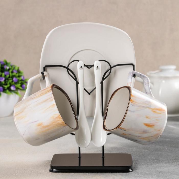 фото Набор чайный «мрамор», 6 предметов: 2 чашки 200 мл, 2 блюдца 14,7 см, 2 ложки, на металлической подставке