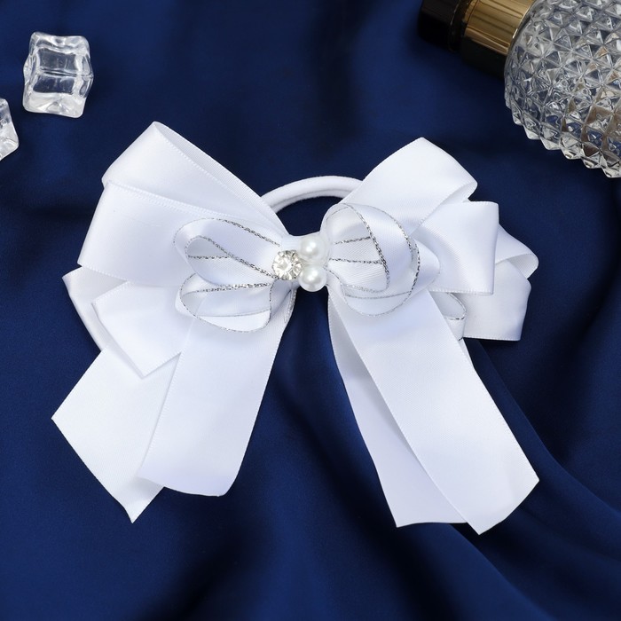 фото Резинка для волос бант "школьница" 13 см бусинки и блёстки, белый