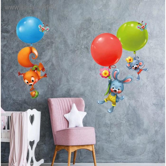 Наклейка пластик интерьерная "Зверята с воздушными шариками" 45х60 см