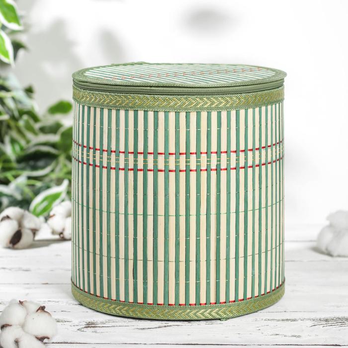 фото Корзина для хранения с крышкой, 21×21×20 см, бамбук, цвет зелёный