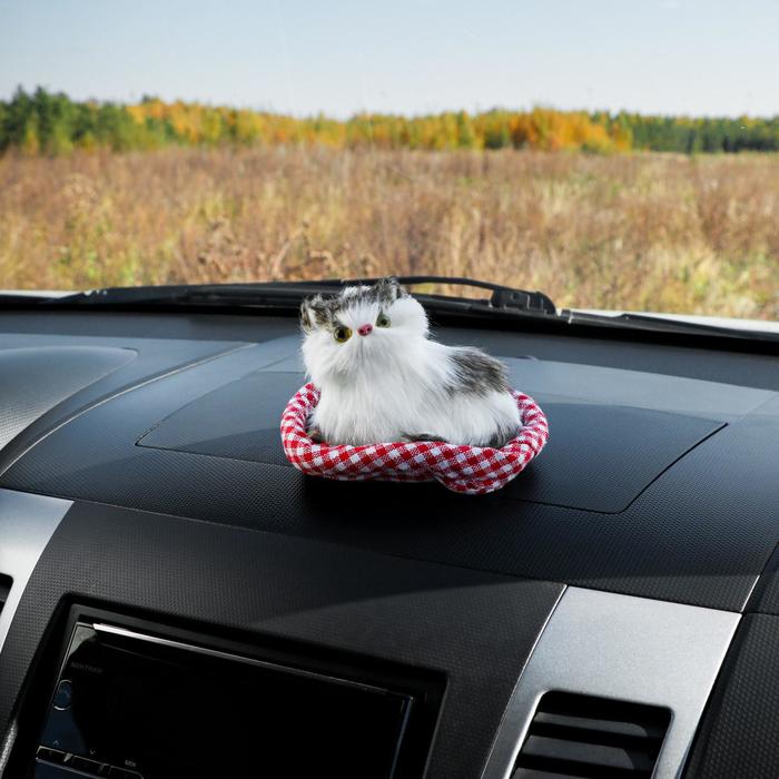 Игрушка на панель авто, кошка на подушке, бело-серый окрас 
Игрушка на панель авто, кошка на подушке, бело-серый окрас