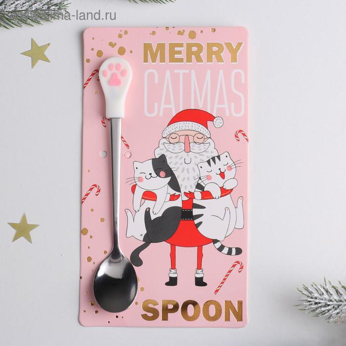 фото Ложка на открытке лапка merry catmas, 10 х 18 см