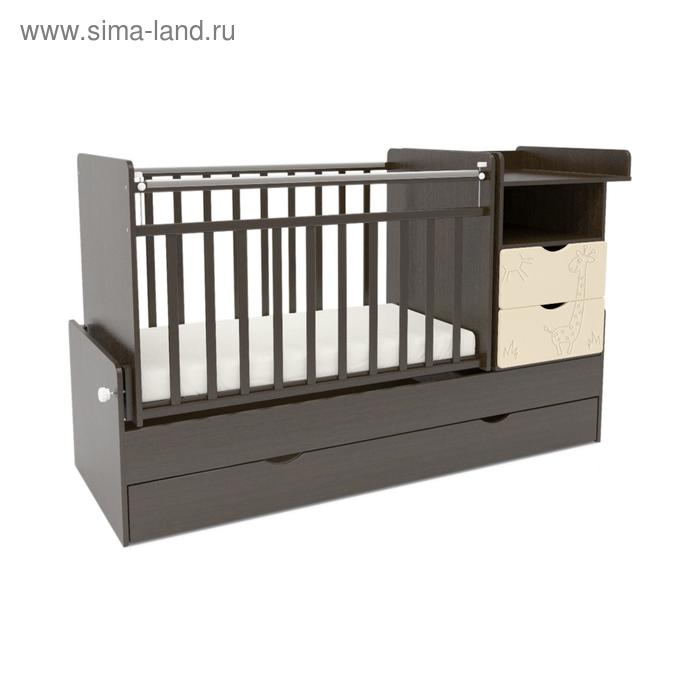Кровать детская СКВ-5 Жираф (опуск. планка, накладки ПВХ, поперечный маятник, полка, 3 ящика) цвет венге/бежевый
Кровать детская СКВ-5 Жираф (опуск. планка, накладки ПВХ, поперечный маятник, полка, 3 ящика) цвет венге/бежевый