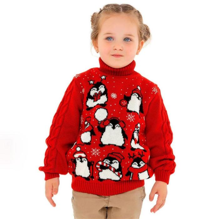 фото Свитер детский «пингвины», цвет красный, рост 110-116 см уси-пуси
