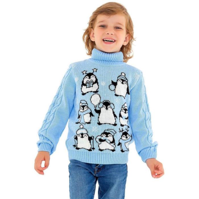 фото Свитер детский «пингвины», цвет голубой, рост 110-116 см уси-пуси