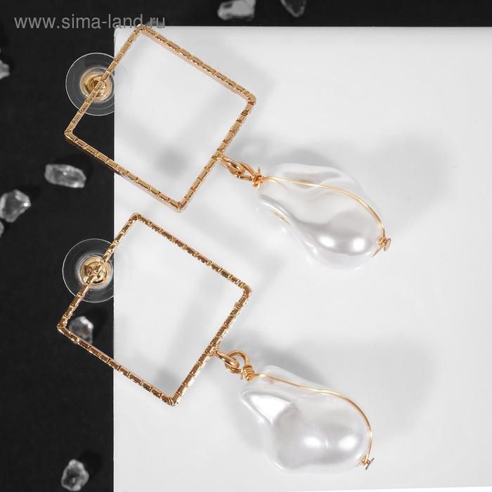 Серьги с жемчугом "Квадрат рамка" бусина, цвет белый в золоте