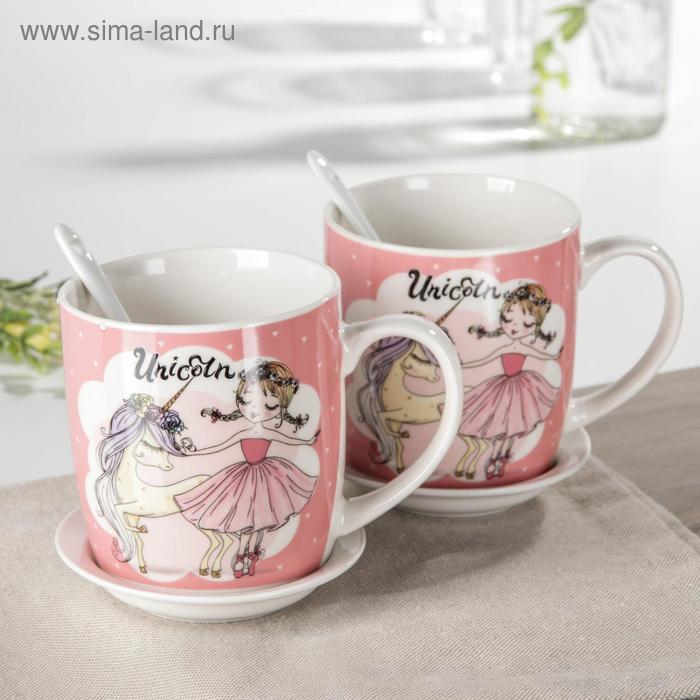 фото Набор кружек с ложками и подставками «девочка и единорог», 2 шт: 330 мл, рисунок микс