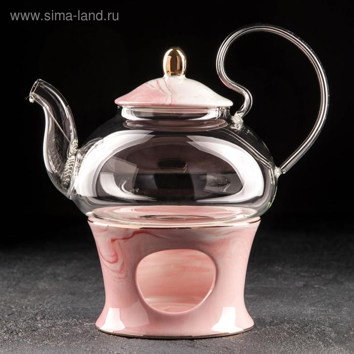фото Чайник заварочный «элегия», 600 мл, с металлическим ситом и подставкой для подогрева, цвет розовый мрамор