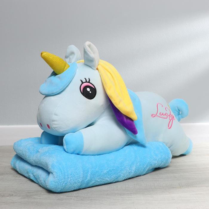 фото Мягкая игрушка «единорог», с пледом, цвет голубой
