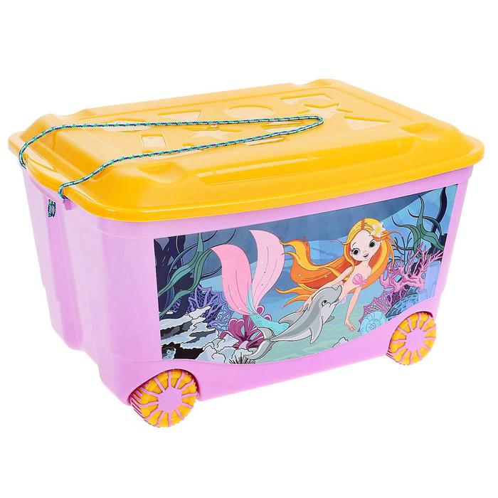 фото Ящик для игрушек с аппликацией «русалочка» на колёсиках, с крышкой, 50 л, цвет сиреневый пластишка