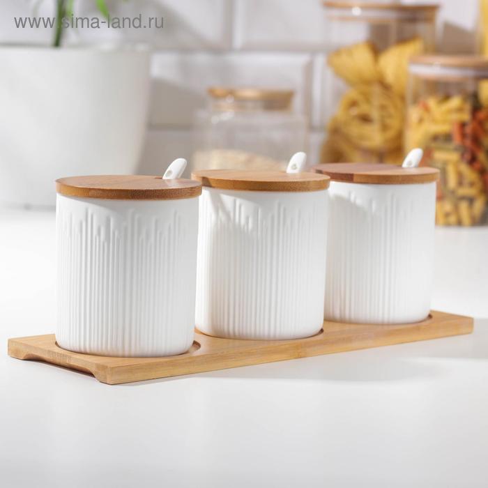 фото Набор банок для сыпучих продуктов «эстет», 3 шт, 250 мл, 3 ложки, на деревянной подставке