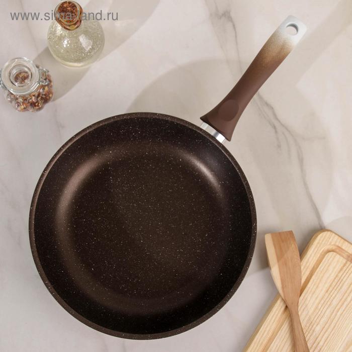 фото Сковорода, d=26 см, h=6 см, пластиковая ручка, стеклянная крышка, антипригарное покрытие, цвет кофейный мрамор kukmara