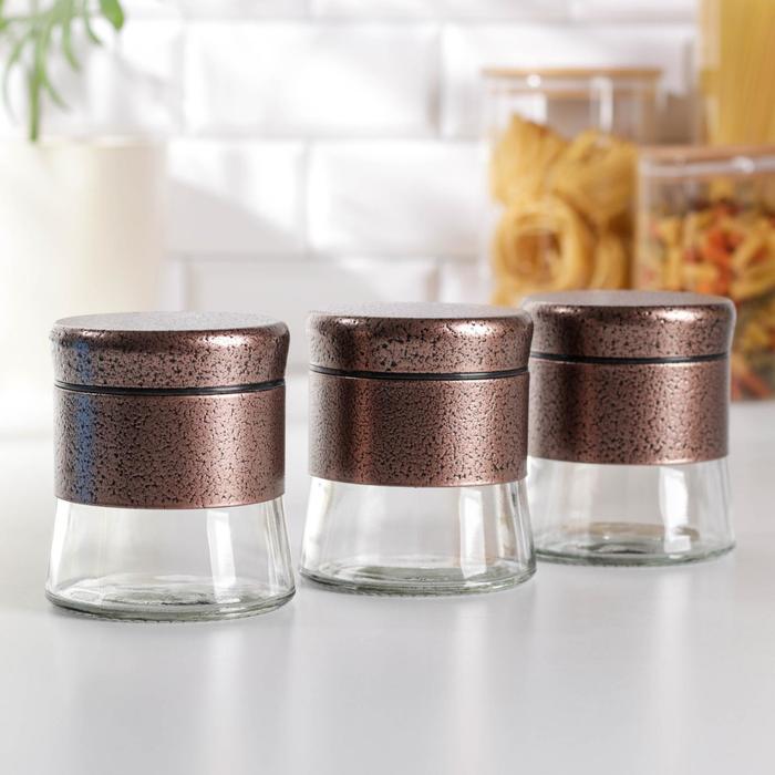 Набор банок для сыпучих продуктов «Трио», 350 мл, 9,5×10 см, 3 шт, цвет бронзовый
Набор банок для сыпучих продуктов «Трио», 350 мл, 9,5×10 см, 3 шт, цвет бронзовый