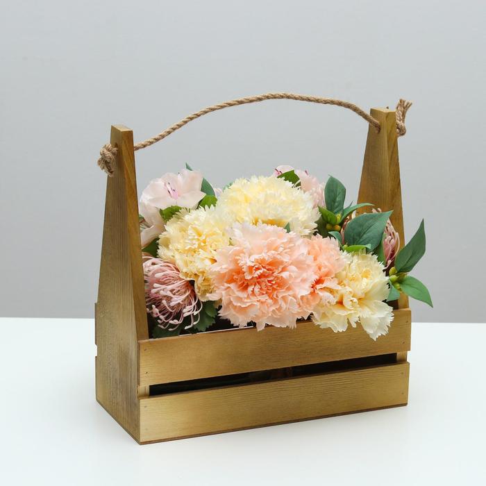 фото Кашпо деревянное 30×14×30 см, двухреечное прямое, ручка верёвка, брашированный