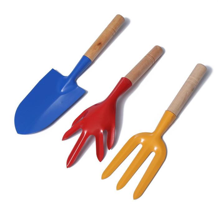 фото Набор садового инструмента, 3 предмета: совок, рыхлитель, вилка, длина 28 см, деревянные ручки greengo